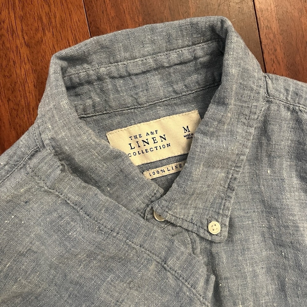 Abercrombie Fitch Button Down Short Sleeve Mens Medium Blue 100% Linen Preppy‎